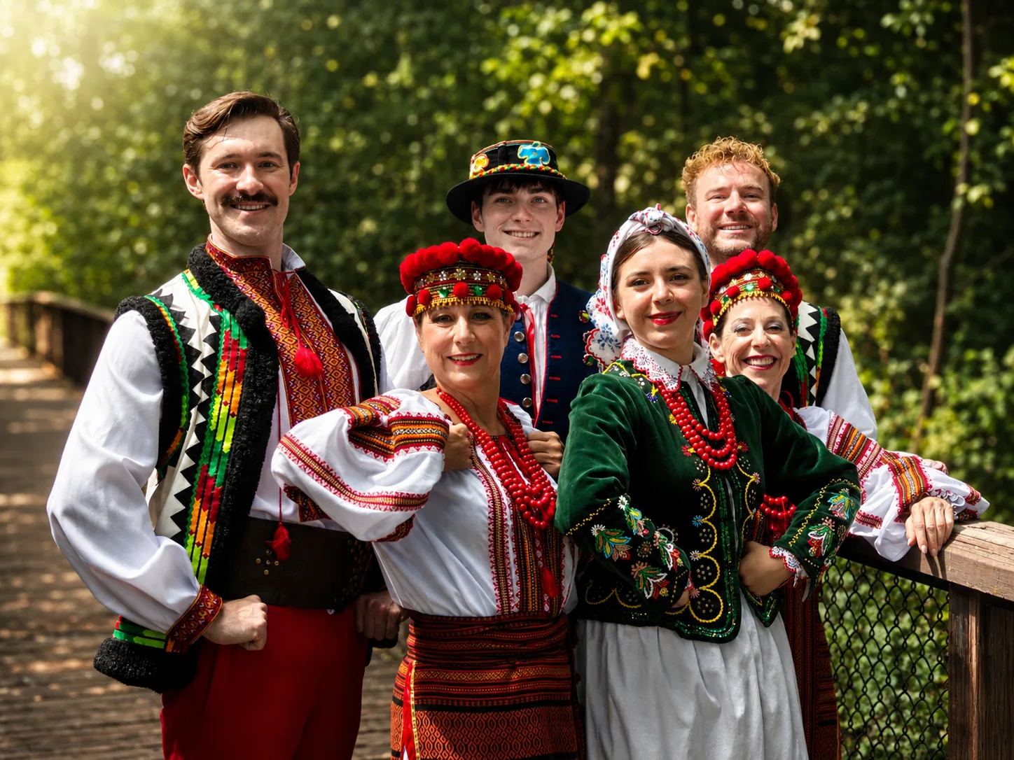 Six Kartoflanie dancers smiling together in folk costumes